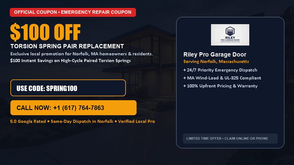 Riley Pro Garage Door $100 OFF Dual Torsion Spring Replacement in Norfolk, MA