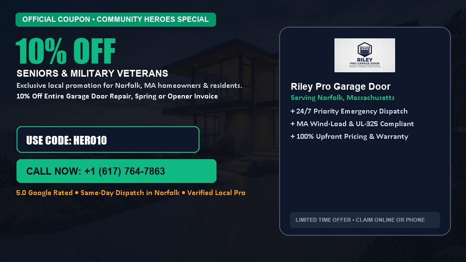 Riley Pro Garage Door 10% OFF Seniors & Military Veterans in Norfolk, MA
